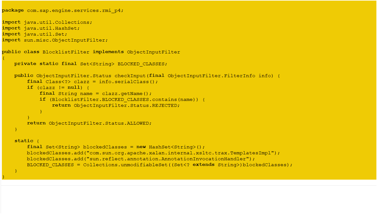 BlocklistFilter implementation showing blocked classes including Apache Xalan and annotation handlers