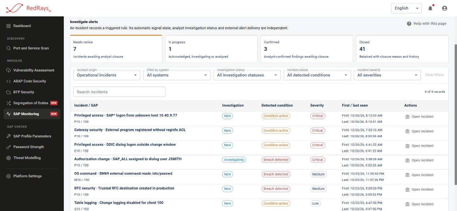 SAP threat monitoring incident queue in RedRays